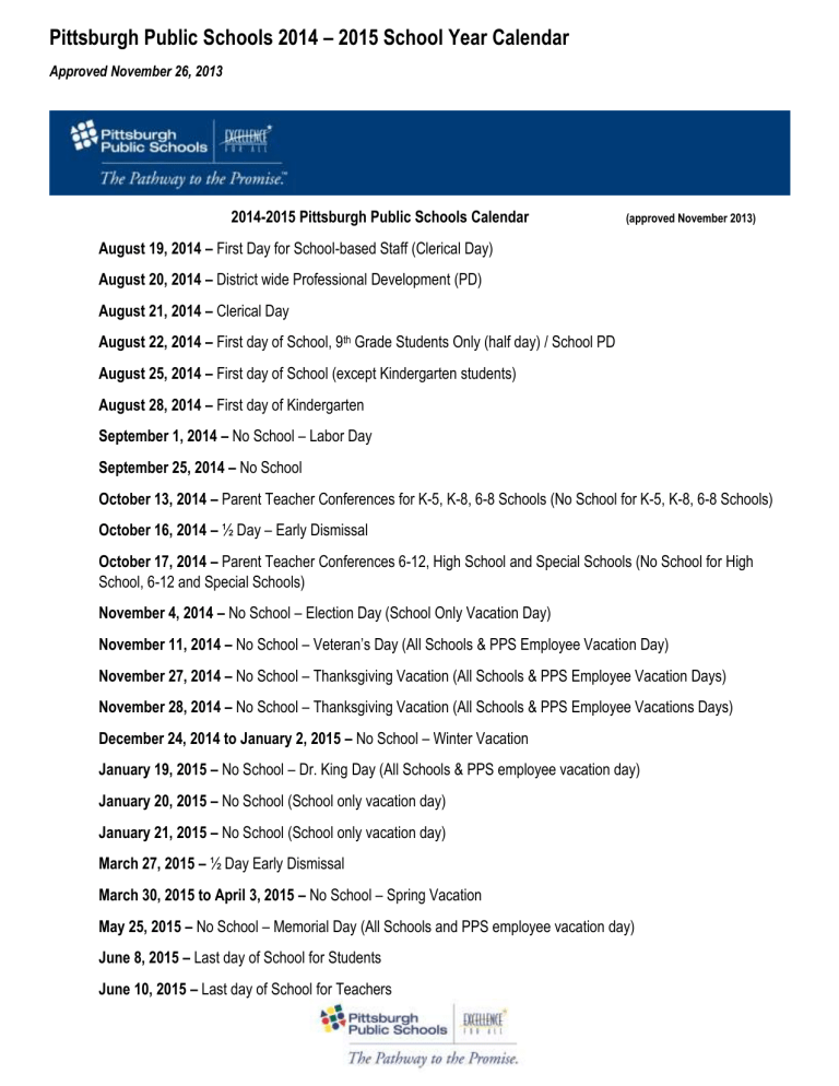 2014 2015 Pittsburgh Public Schools Calendar 2014 2015 Pittsburgh Public Schools Calendar