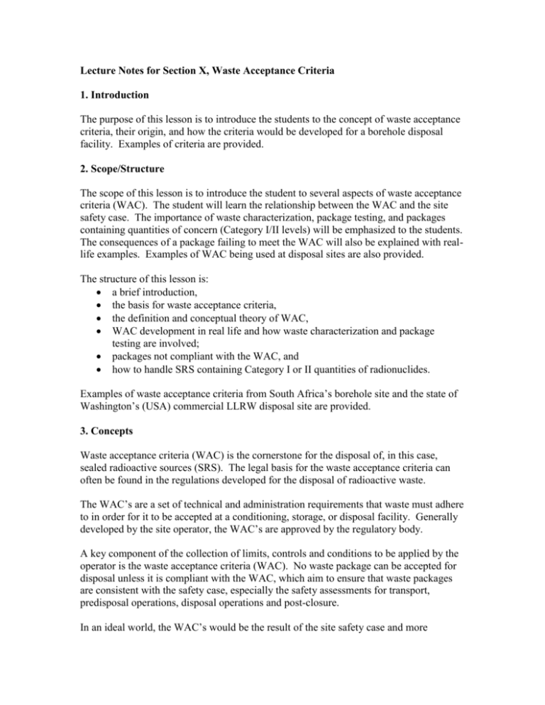 19. Waste Acceptance Criteria Lecture Notes