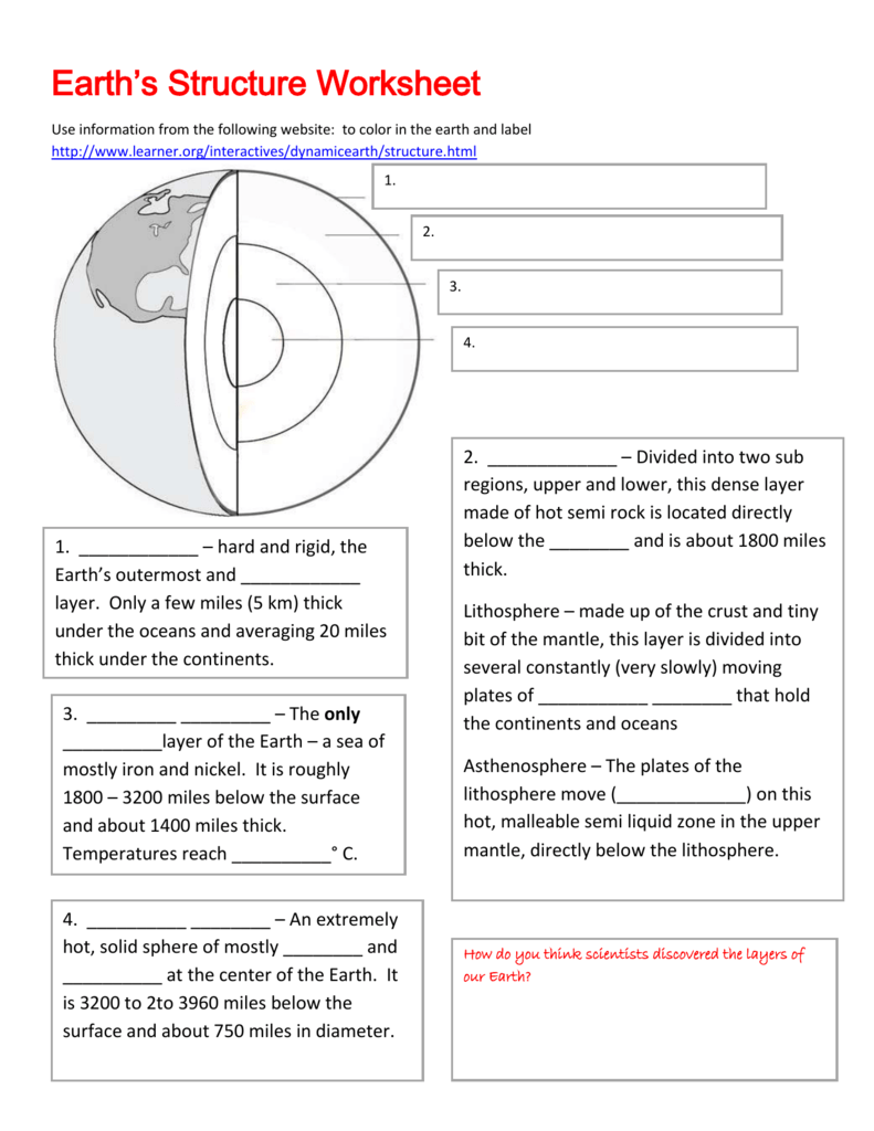 Structure of the Earth worksheet In Structure Of The Earth Worksheet