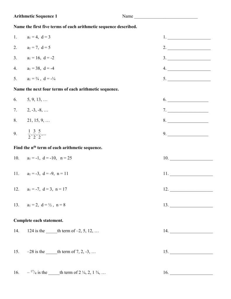 Arithmetic Sequence Worksheet #11 With Regard To Arithmetic Sequence Worksheet With Answers