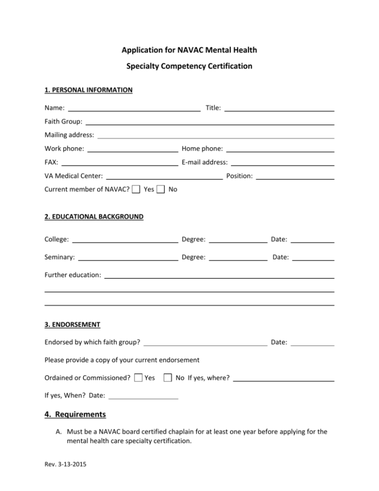 Application For Mental Health Chaplaincy Specialty