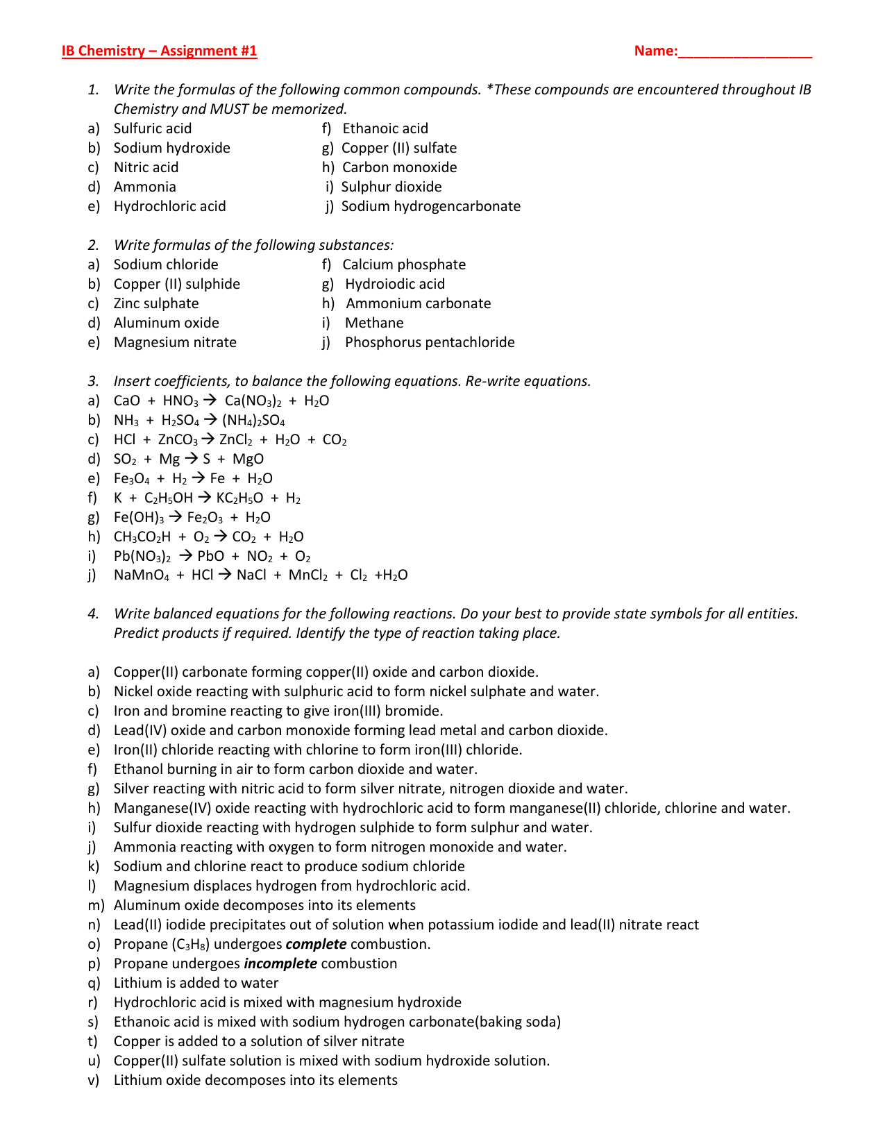 Ib Chemistry Assignment 1 Name Write The Formulas Of The