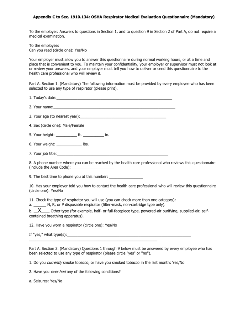Appendix C To Sec 1910 134 OSHA Respirator Medical Evaluation