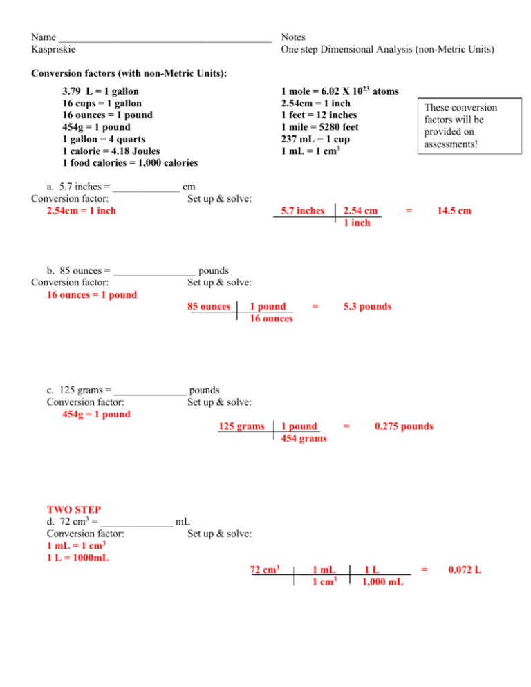 One step Dimensional Analysis Non Metric Key