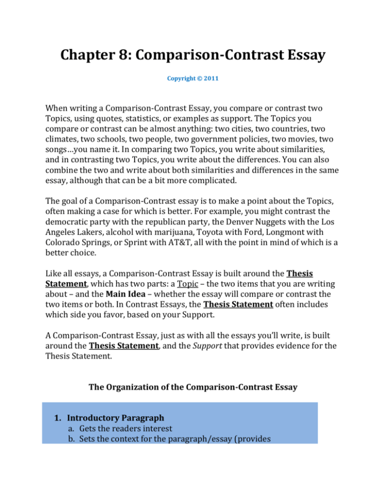 compare and contrast essay examples middle school