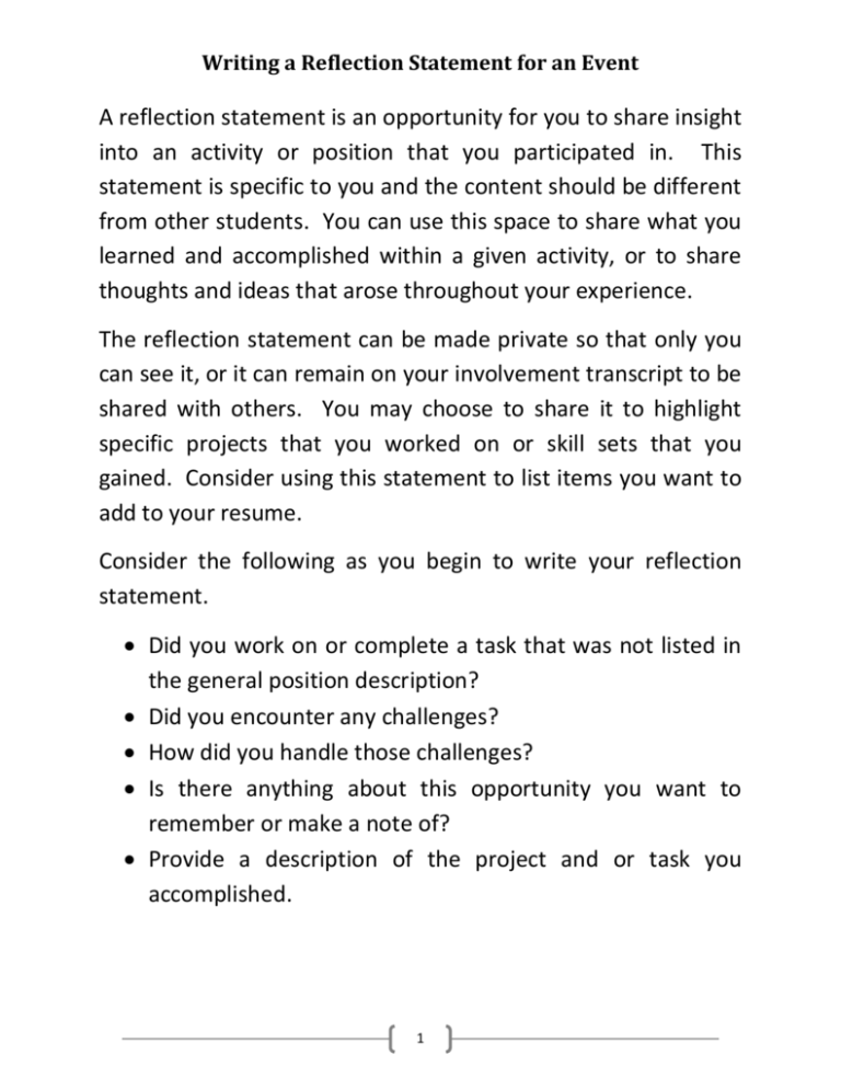 Writing A Reflection Statement For An Event