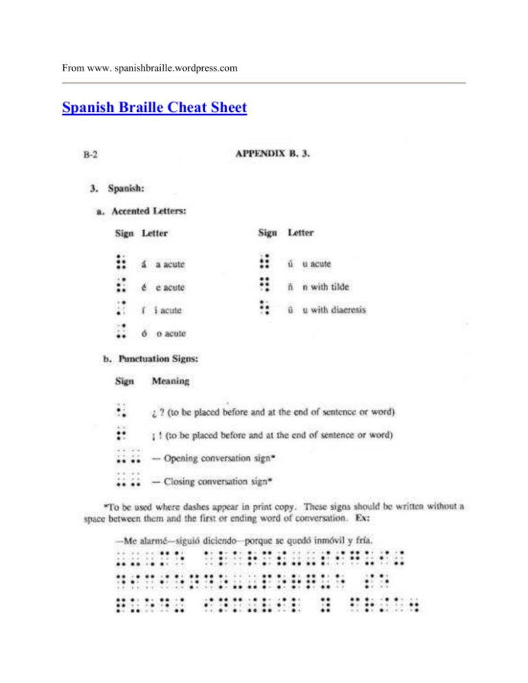 Spanish Braille Cheat Sheet