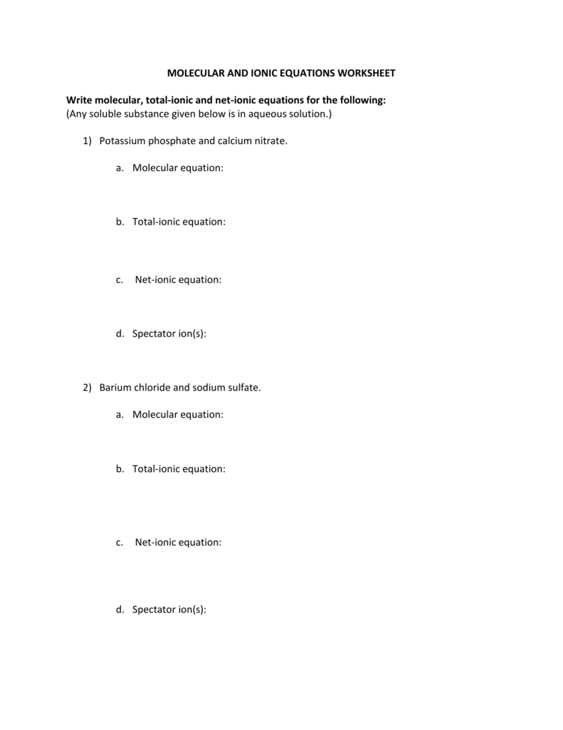 Molecular And Ionic Equations Worksheet