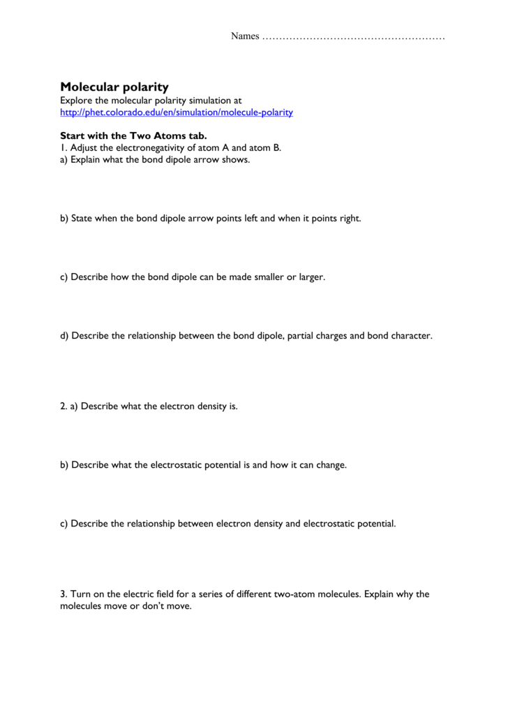 Molecule Polarity Phet Lab Worksheet Answers ...