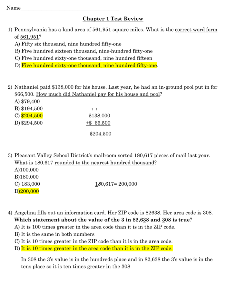 Chapter 1 Test Review Pleasant Valley School District