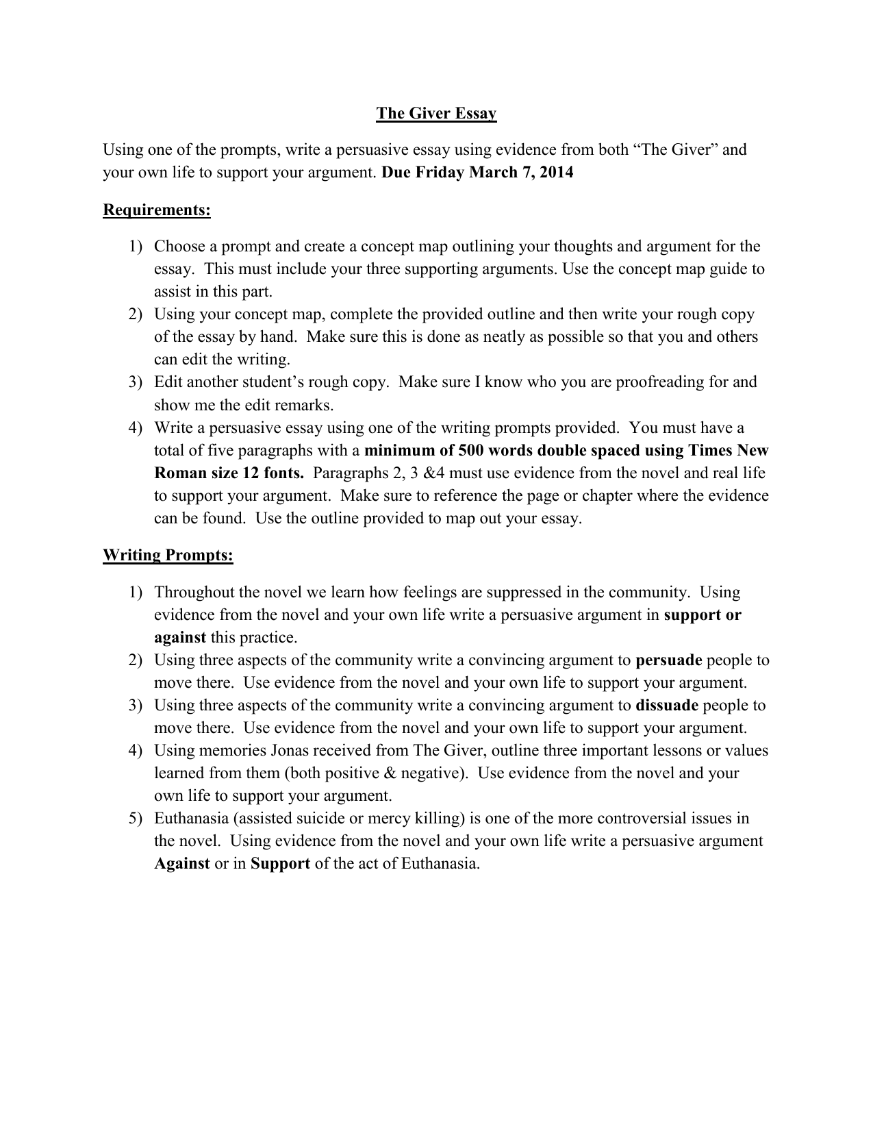 the giver essay topics middle school