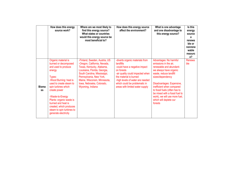 Energy Resources Matrix ANSWER KEY
