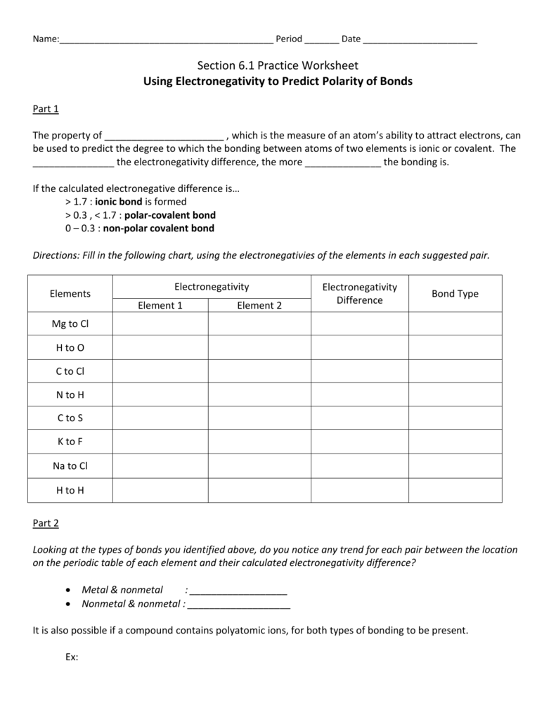 24.24 Practice Worksheet: Using Electronegativity to Determine Bond With Regard To Worksheet Polarity Of Bonds Answers