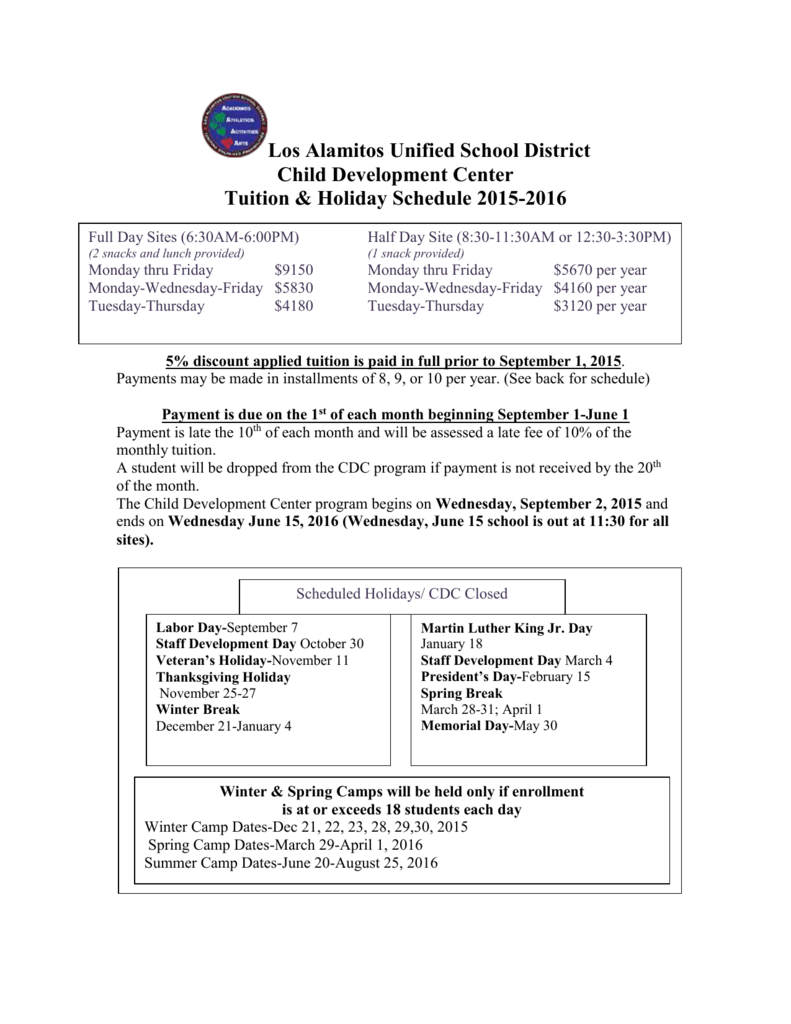 Tuition/Holiday Schedule Los Alamitos Unified School District