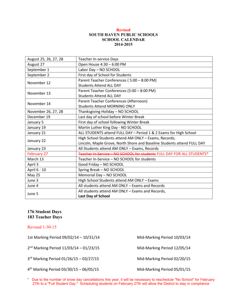 Revised SOUTH HAVEN PUBLIC SCHOOLS SCHOOL CALENDAR