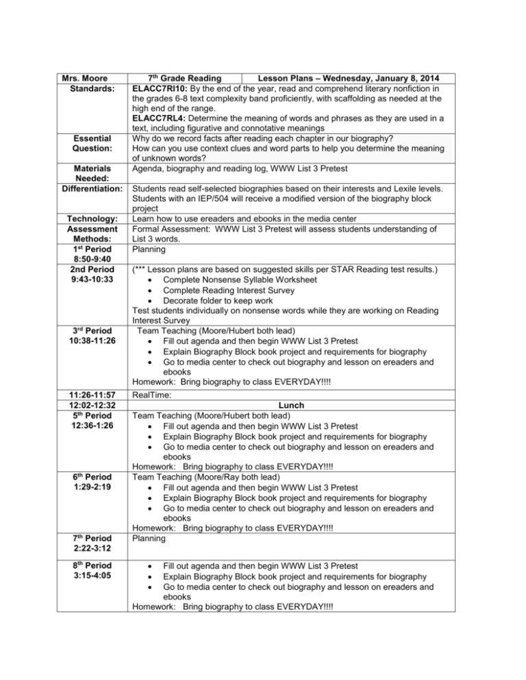 Lesson Plans - Week of January 6th