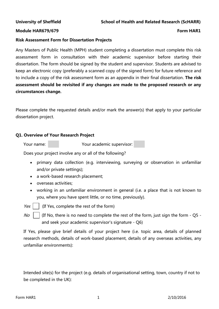 risk assessment for desk based dissertation