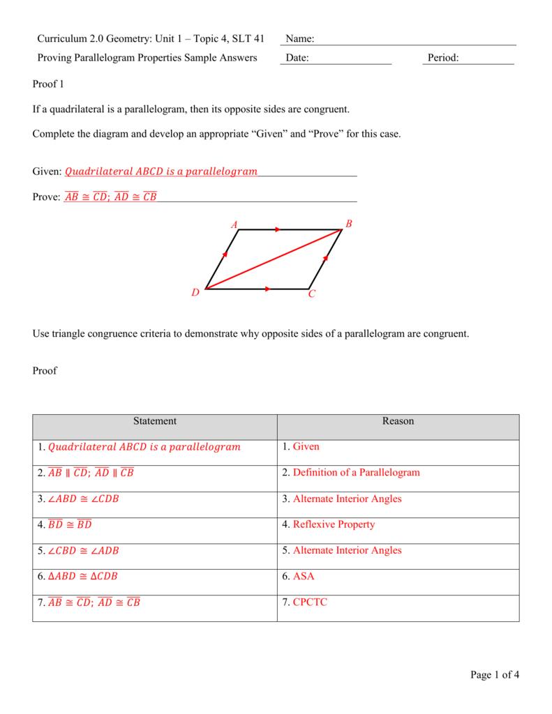U1SLT41 Proving Parallelogram Properties Sample Answers