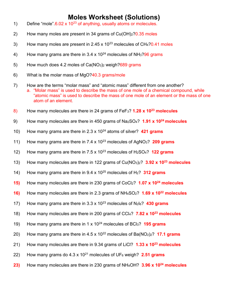 Mole Worksheet Answers