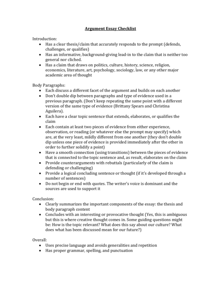 argumentative essay checklist middle school