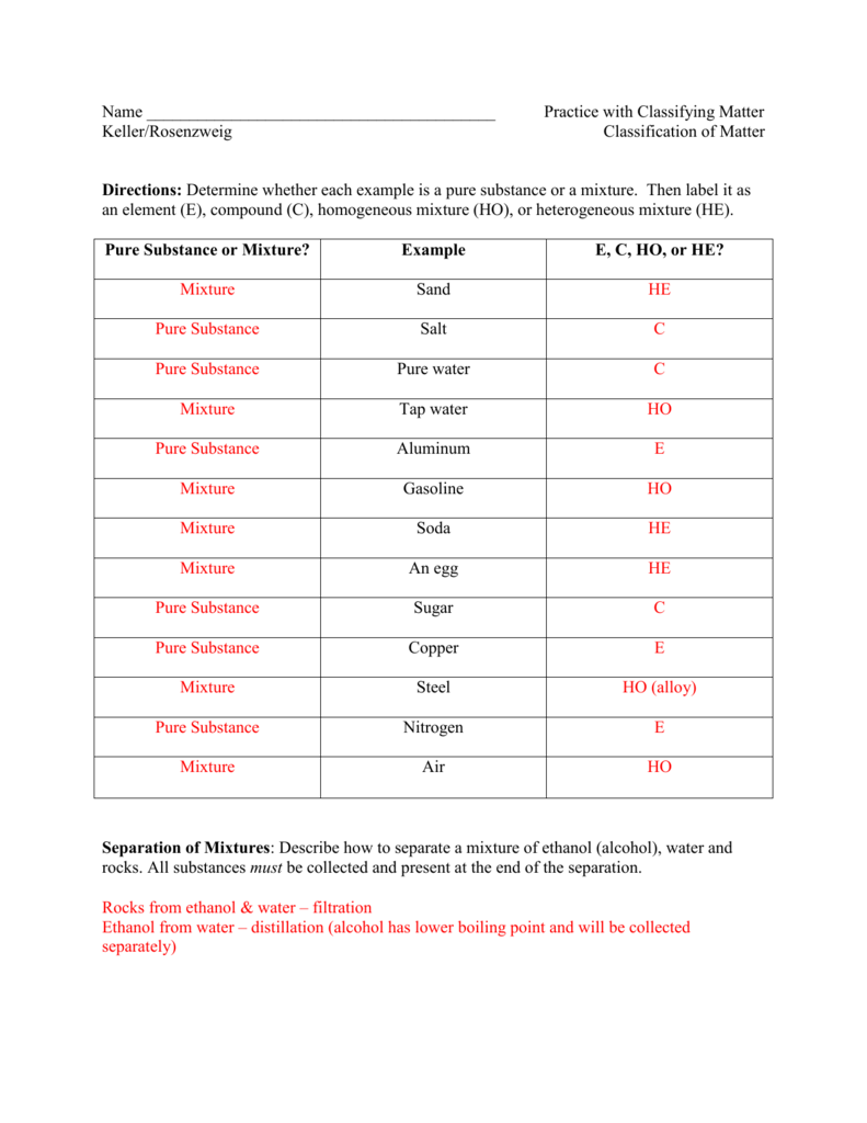 Matter Classification Worksheet Answer Key