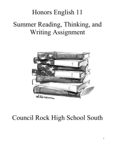 Honors English 11 Summer Reading, Thinking, and Writing