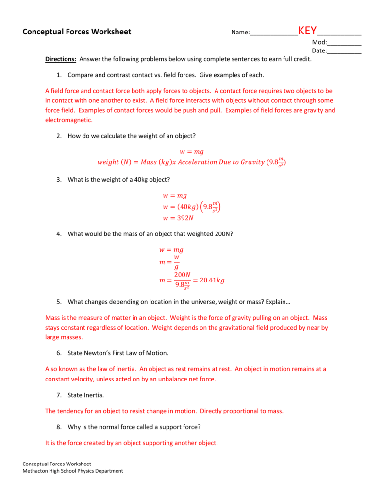 Conceptual Forces Worksheet With Forces Worksheet 1 Answer Key