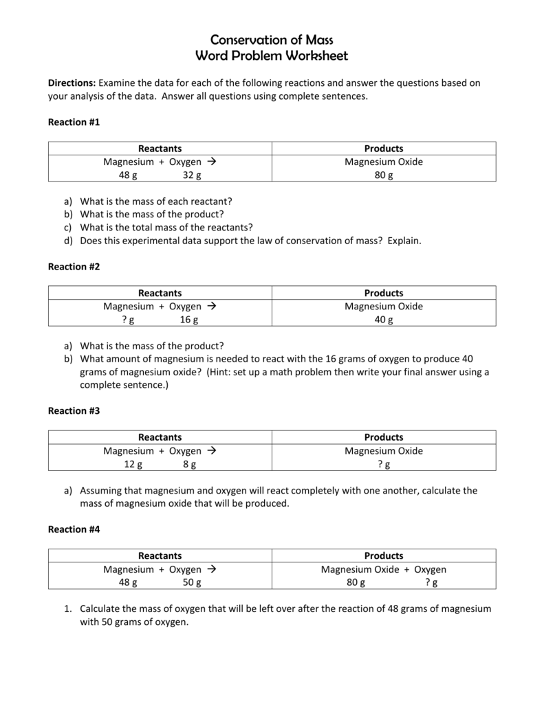 WS ONE Regarding Conservation Of Mass Worksheet