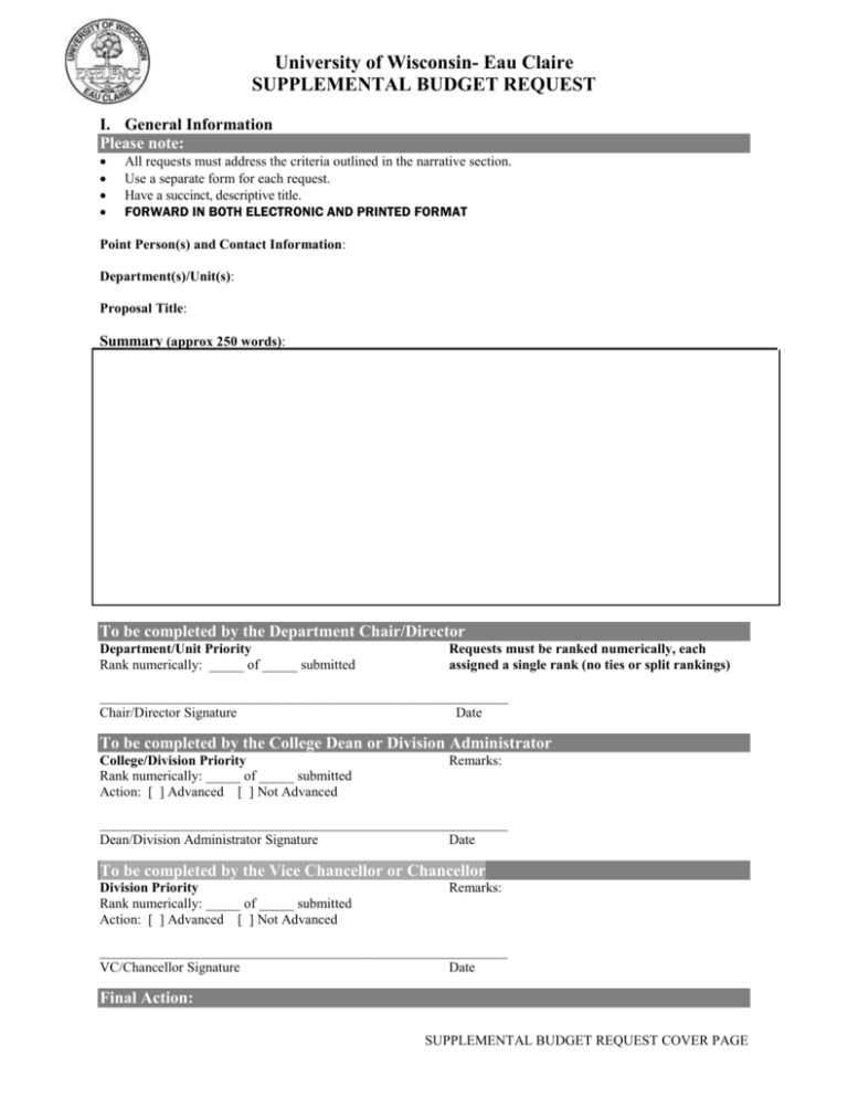 Supplemental Budget Request Form University Of Wisconsin