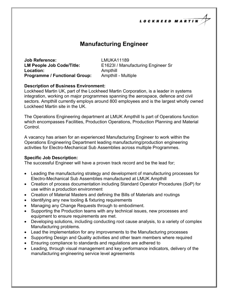 manufacturing engineer job description