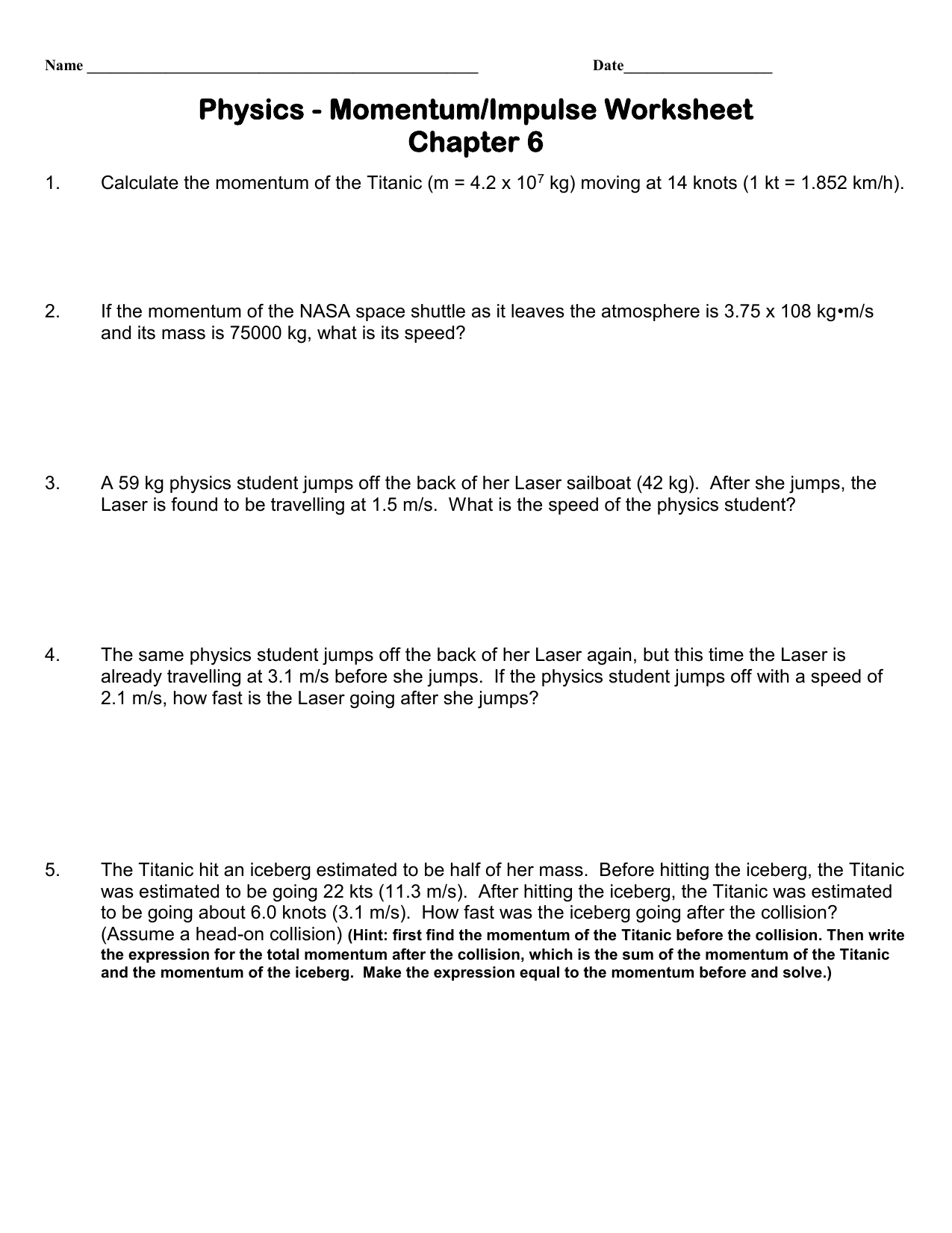 Physics 11 Momentum Impulse Worksheet