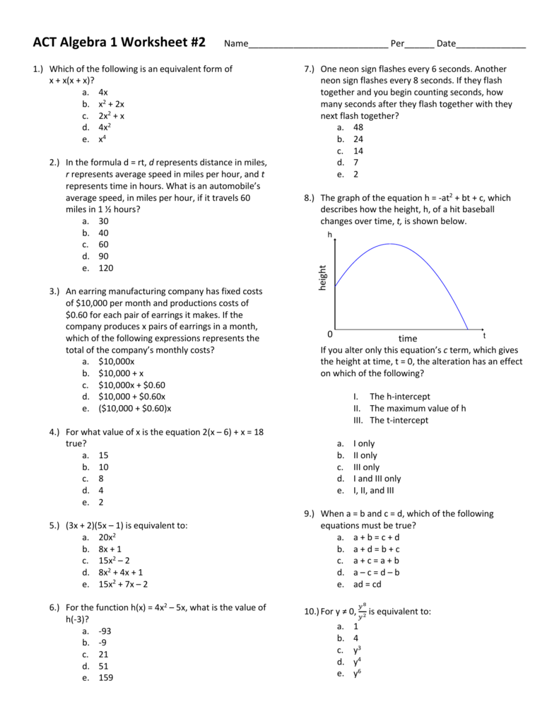 Act Algebra 1 Worksheet 2