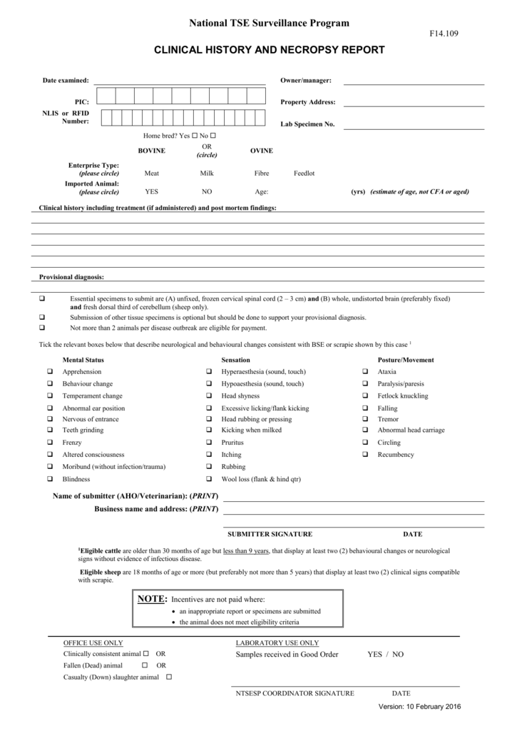 CLINICAL HISTORY AND NECROPSY REPORT