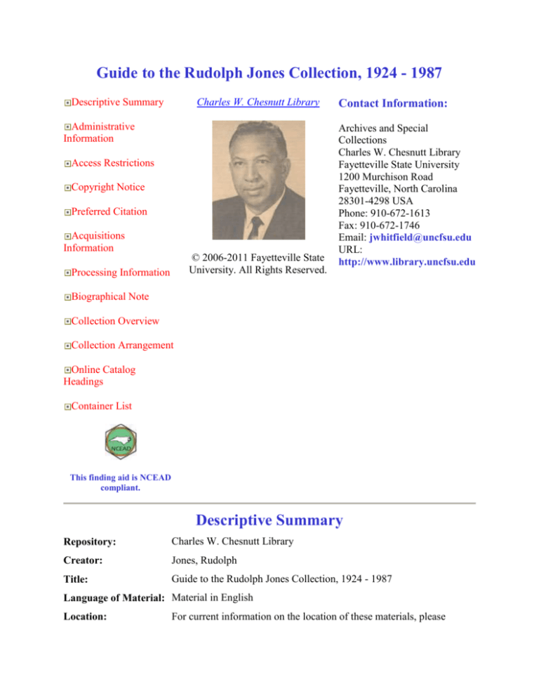 Guide to the Rudolph Jones Collection, 1924 1987