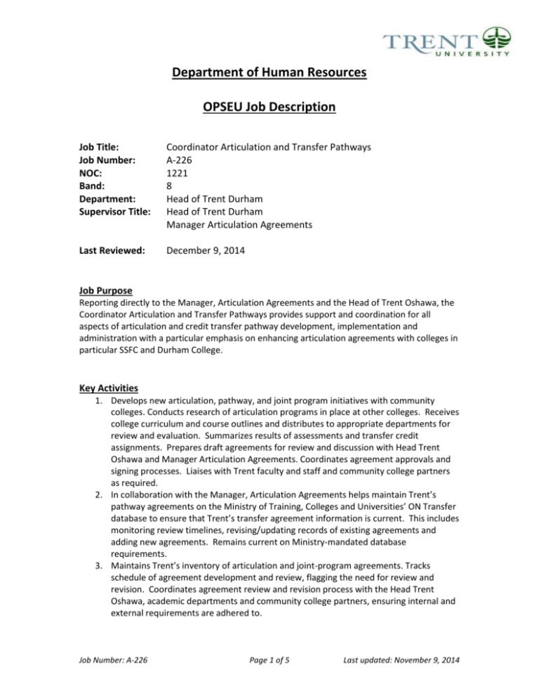 Department Of Human Resources OPSEU Job Description