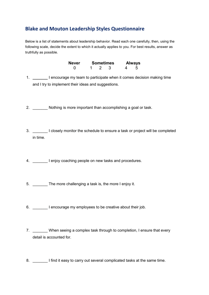 the blake and mouton managerial grid questionnaire