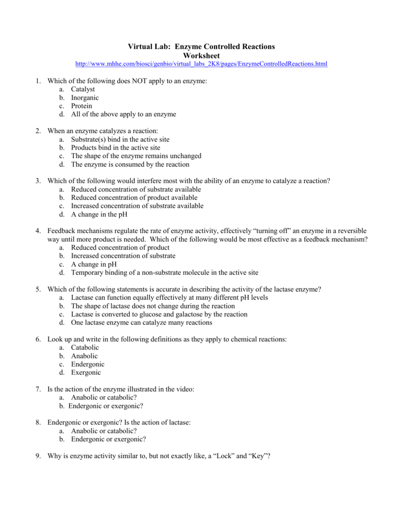 Virtual Lab Enzyme Controlled Reactions