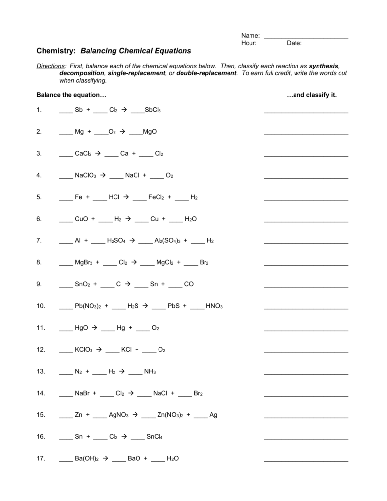 Chemistry: Balancing Chemical Equations With Classifying Chemical Reactions Worksheet Answers