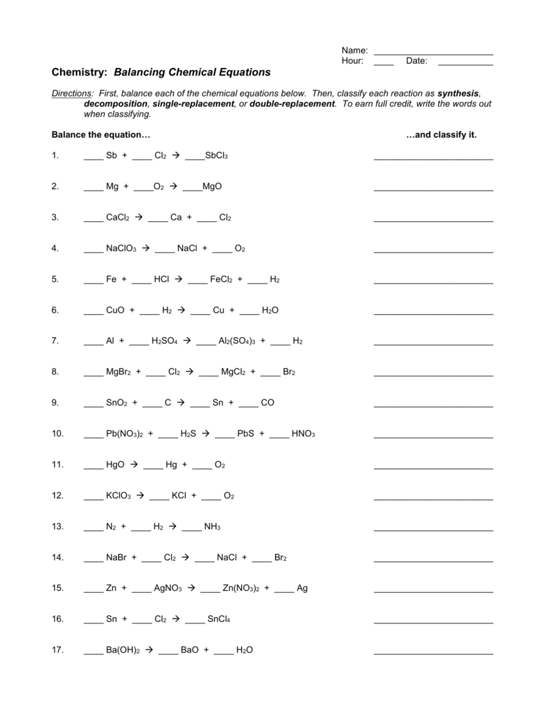 Chemistry: Balancing Chemical Equations Intended For Classifying Chemical Reactions Worksheet Answers