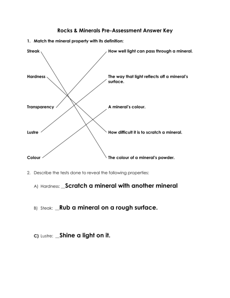 Rocks Minerals Pre Assessment Answer Key