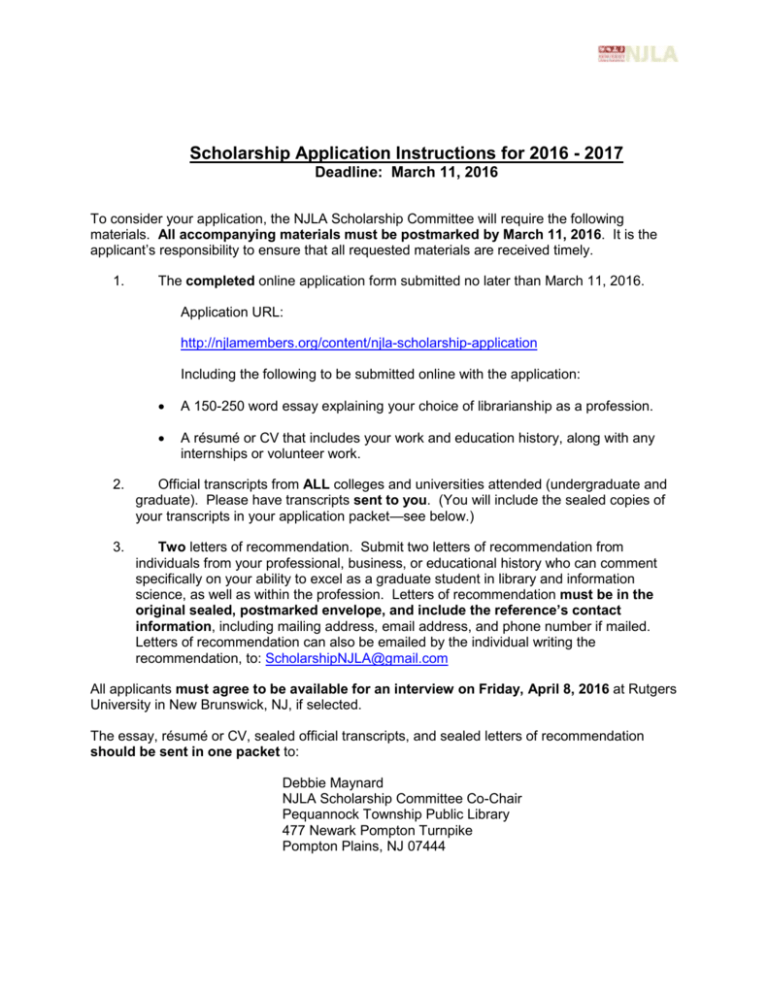 Scholarship Application - New Jersey Library Association
