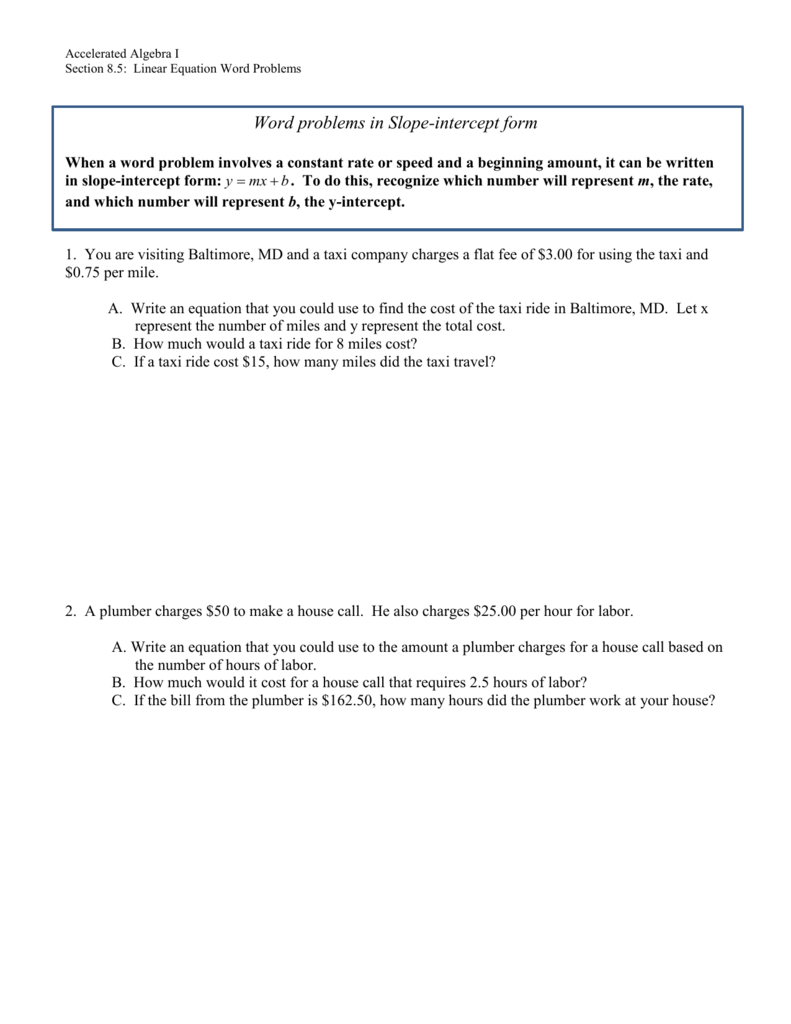 accelerated algebra 1 section 8.5 linear equation word problems