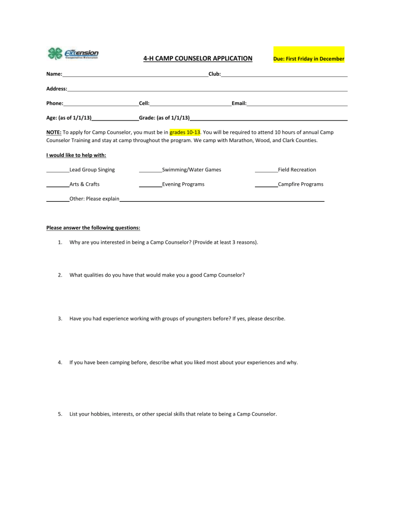 4 H Camp Counselor Application