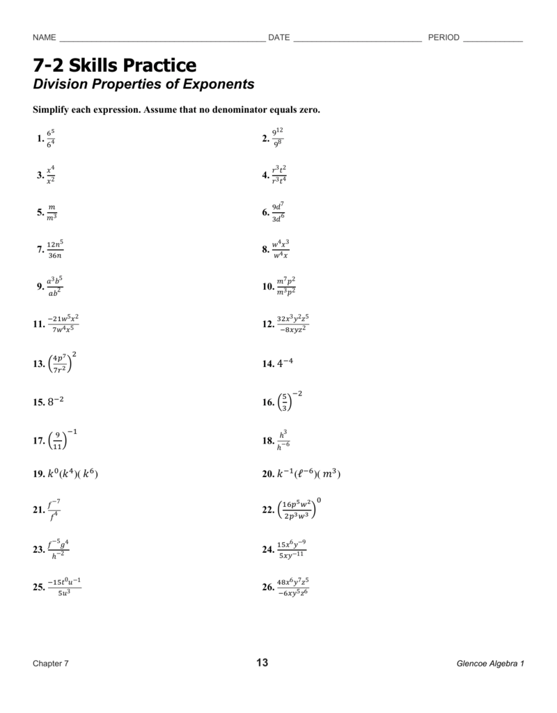 211-21 Skills Practice Division Properties of Exponents Intended For Properties Of Exponents Worksheet
