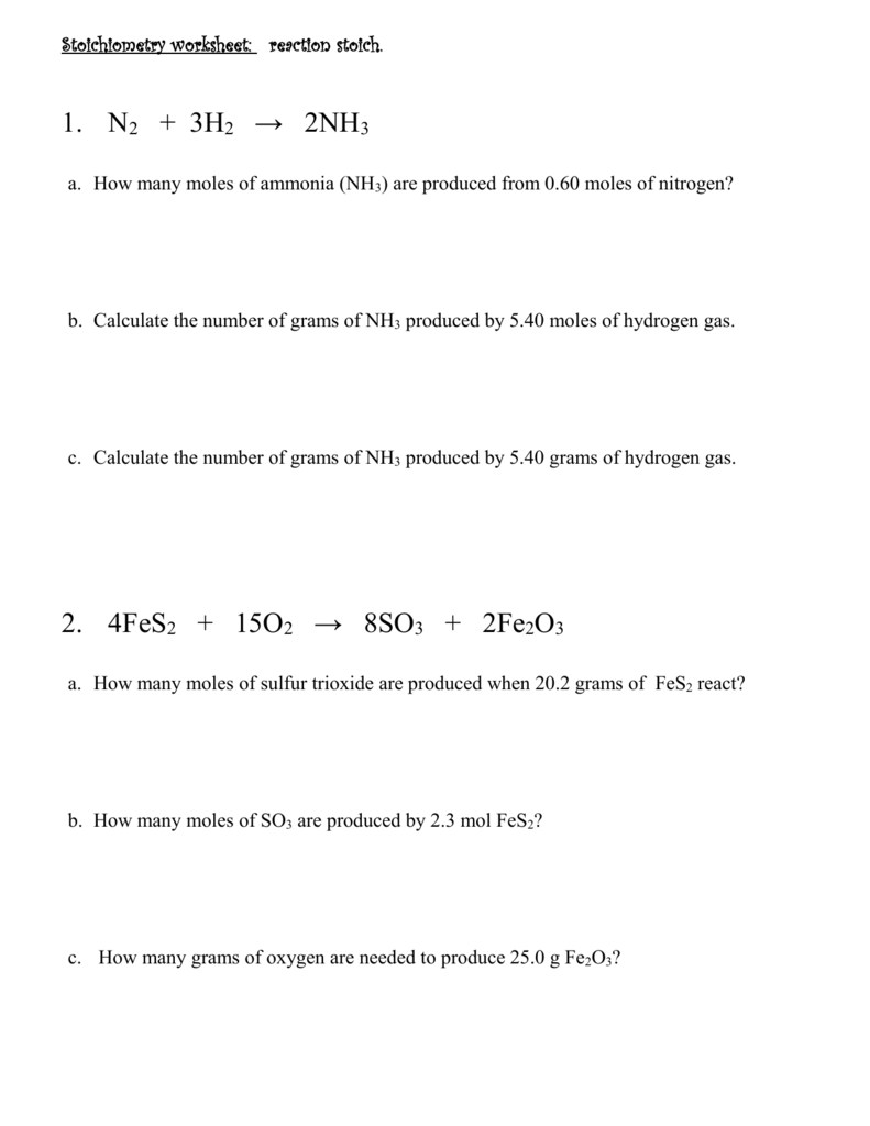 Stoichiometry Worksheet