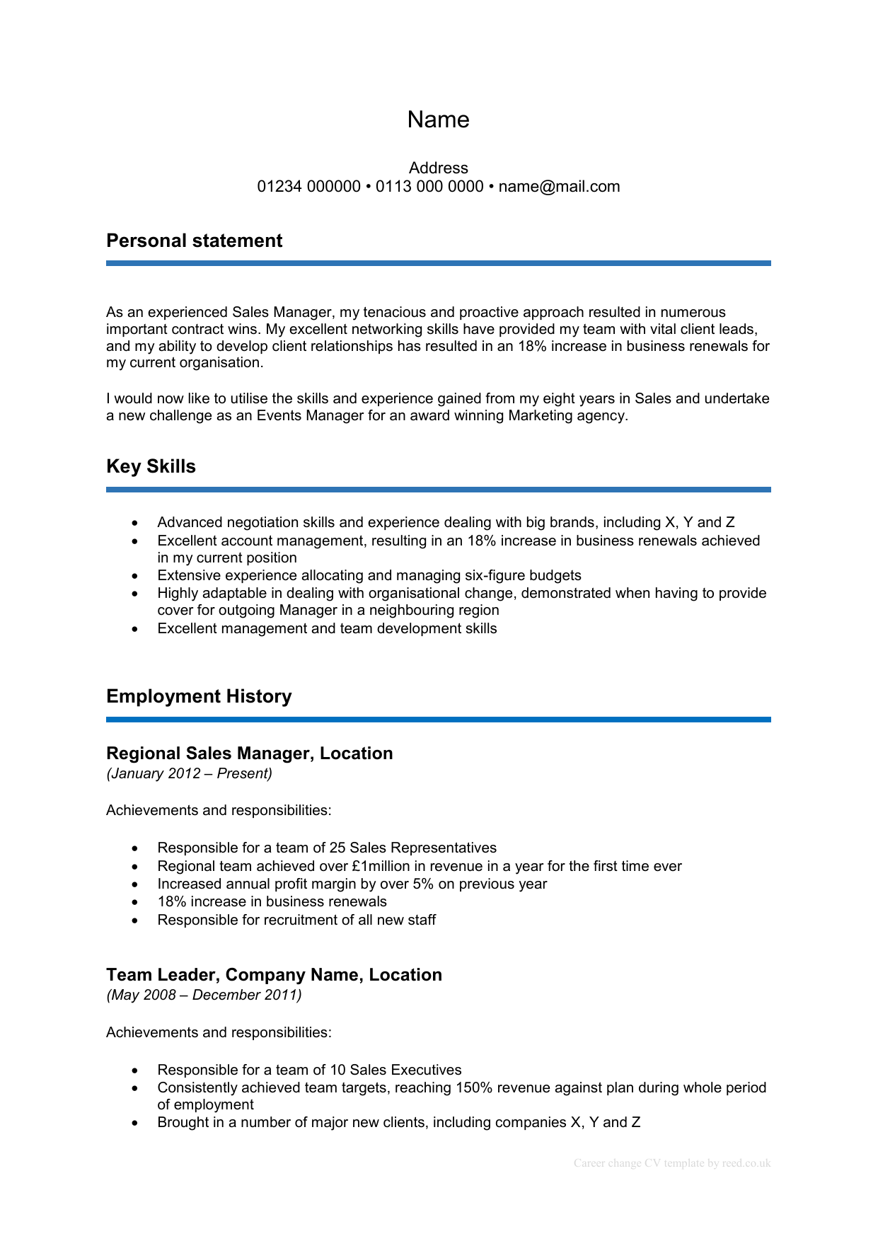 Cv Template Career Change