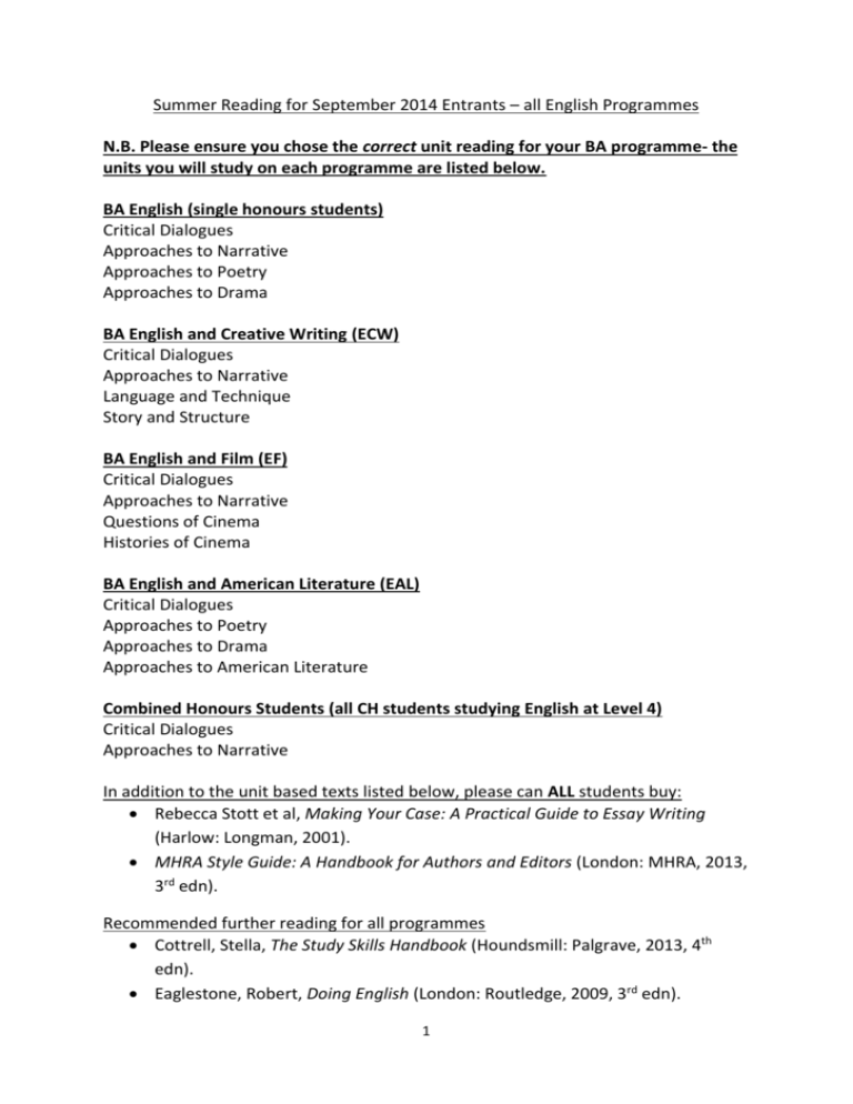 Level 4 English 14 15 Reading Lists