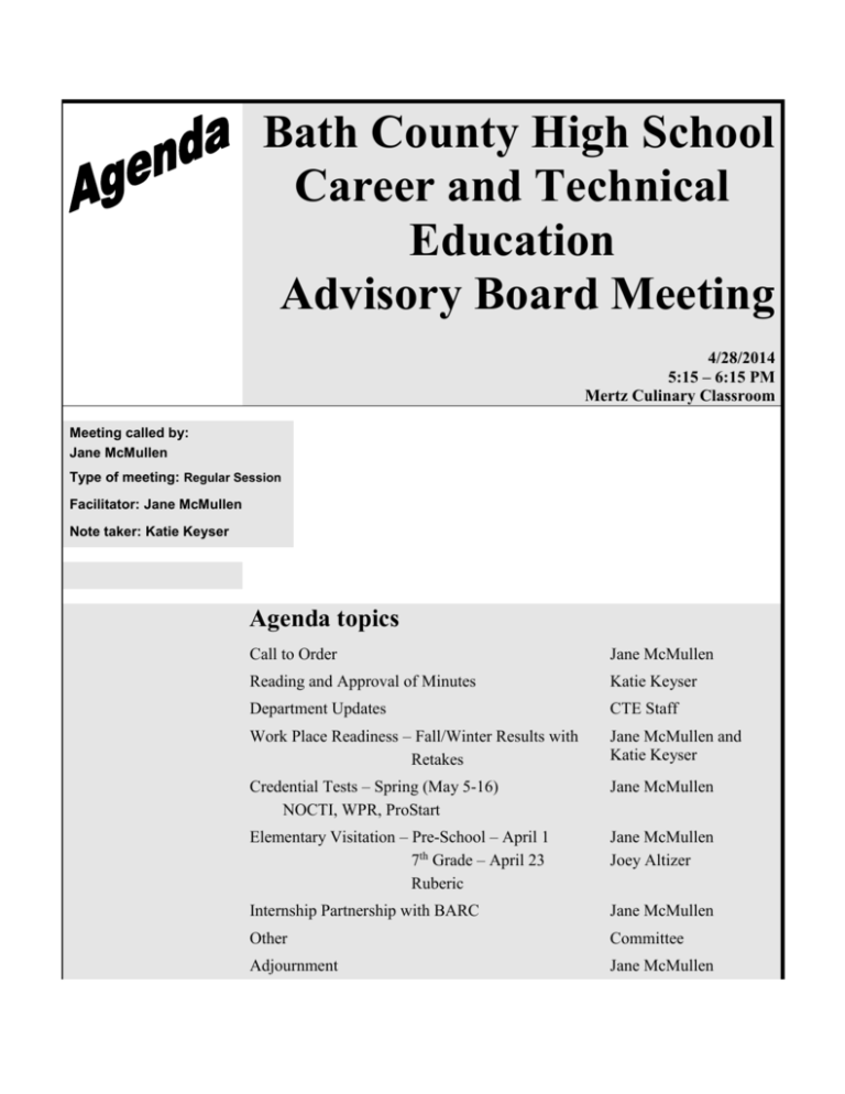 CTE Advisory Meeting Agenda Minutes 4 28 14