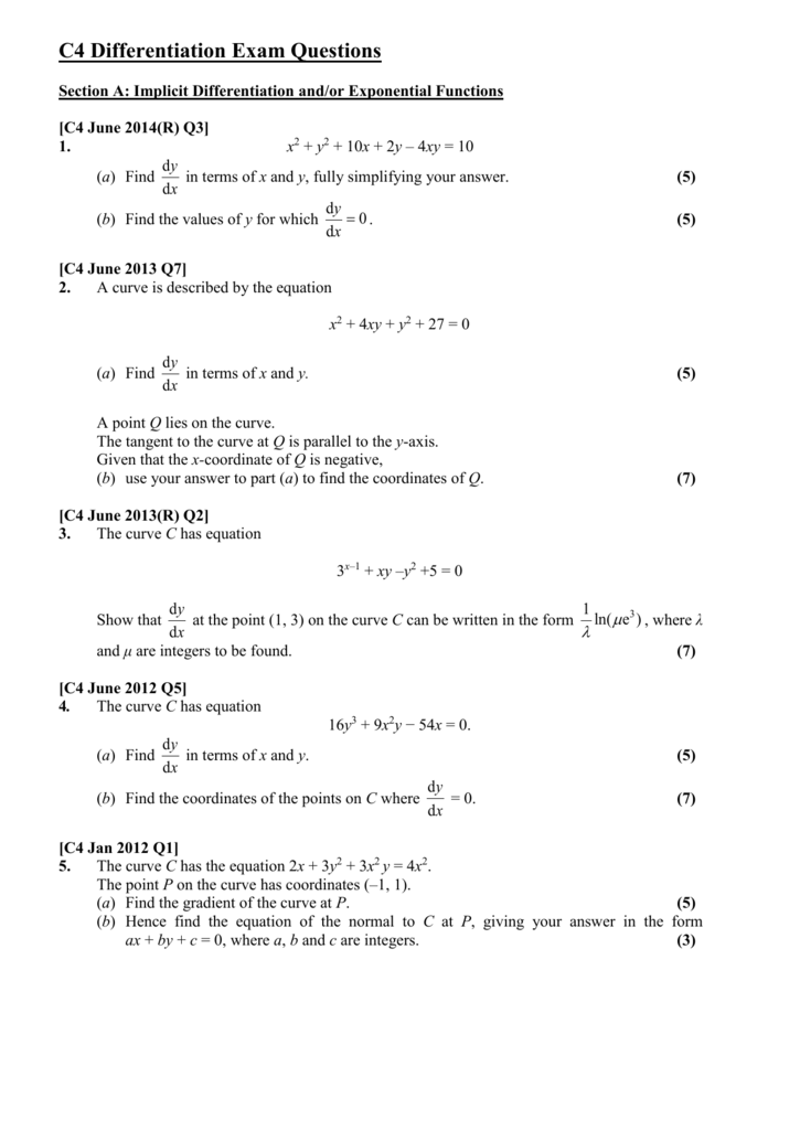 Worksheet C4 Chapter 4 Differentiation Exam Questions