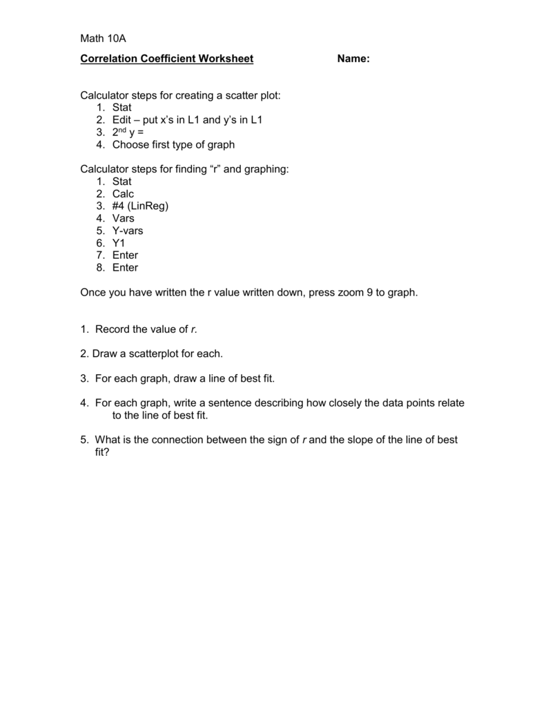 Math 10a Correlation Coefficient Worksheet